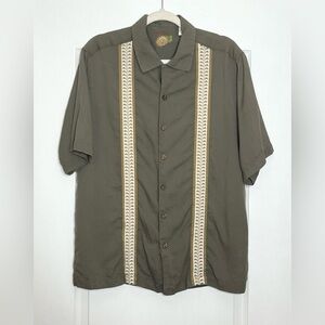 Vintage Caribbean Silk Cotton Button-Up Shirt Size M Olive Green Hawaiian Stripe